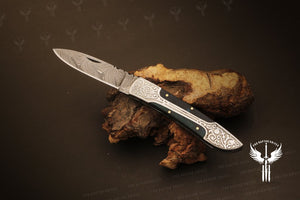 Handmade Damascus steel Micarta Handle Folding Knife. Packed in Ash wood Box. Pro-Vigoroso1703