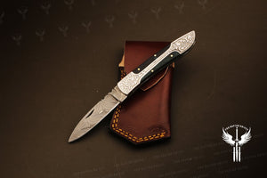 Handmade Damascus steel Micarta Handle Folding Knife. Packed in Ash wood Box. Pro-Vigoroso1703