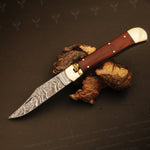 Damascus steel Push Button Folding Knife with Micarta Handle. Packed in wooden Box.Pro-Vigoroso1704