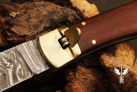 Damascus steel Push Button Folding Knife with Micarta Handle. in Wooden Box. Pro1704