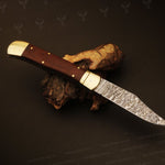 Damascus steel Push Button Folding Knife with Micarta Handle. Packed in wooden Box.Pro-Vigoroso1704