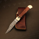 Damascus steel Push Button Folding Knife with Micarta Handle. Packed in wooden Box.Pro-Vigoroso1704