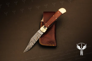 Damascus steel Push Button Folding Knife with Micarta Handle. Packed in wooden Box.Pro-Vigoroso1704