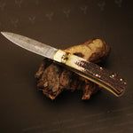 Damascus steel Push Button Stag Handle Folding Knife Packed in Ash wood Box. Pro-Vigoroso1705