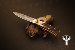 Damascus steel Push Button Stag Handle Folding Knife Packed in Ash wood Box. Pro-Vigoroso1705