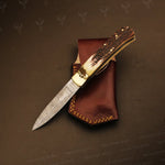 Damascus steel Push Button Stag Handle Folding Knife Packed in Ash wood Box. Pro-Vigoroso1705