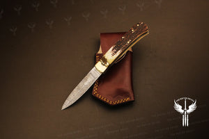 Damascus steel Push Button Stag Handle Folding Knife Packed in Ash wood Box. Pro-Vigoroso1705