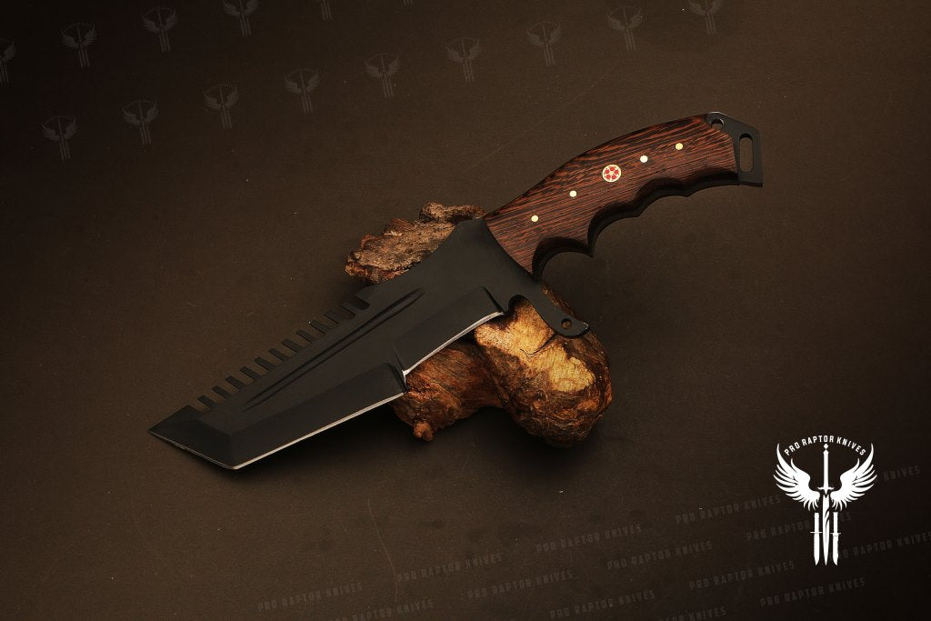 Handmade D2 Steel Tanto Knife with Groove, Sawback Serration & Mosaic on Handle. Pro1710