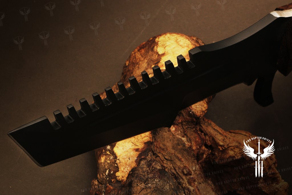 Handmade D2 Steel Tanto Knife with Groove, Sawback Serration & Mosaic on Handle. Pro1710