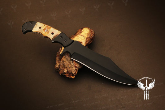 Handmade Black Powder Coated Hunting Rambo Bowie Knife with Shaded Bone Handle. Pro1711