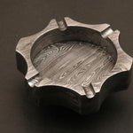 Unique Handmade Damascus steel Ashtray in Edge Design with Rose Wood Box. Pro-Capolavoro7001