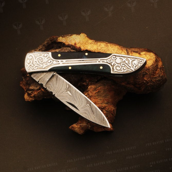 Handmade Damascus steel Micarta Handle Folding Knife. Packed in Ash wood Box. Pro-Vigoroso1703