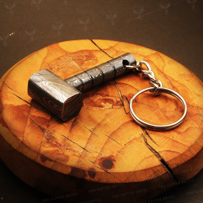 Handmade Damascus steel Edgeless Shape Hammer Keychain. Buy One Get One Free in a box. Pro-Hermoso1735