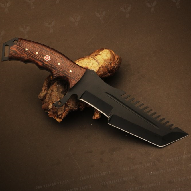 Handmade Black Powder Coated Hunting Tanto Knife with Brown Dollar Sheet Handle. Pro-Netto1710