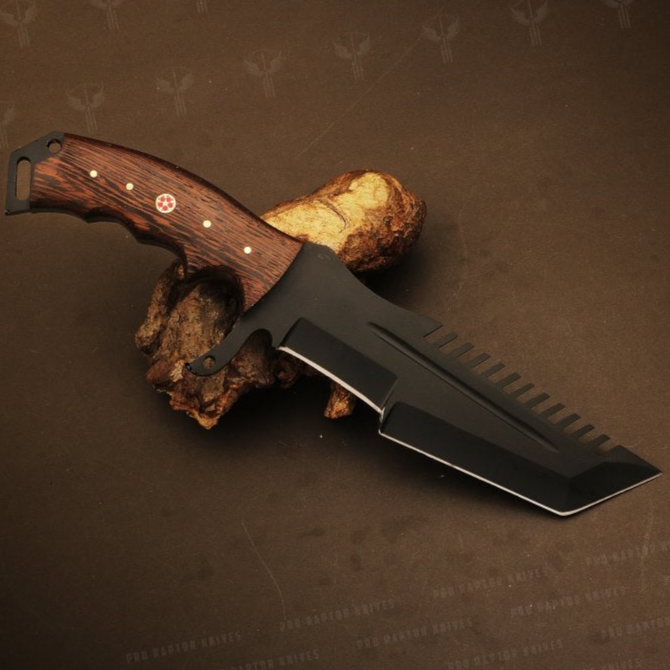 Handmade D2 Steel Tanto Knife with Groove, Sawback Serration & Mosaic on Handle. Pro1710