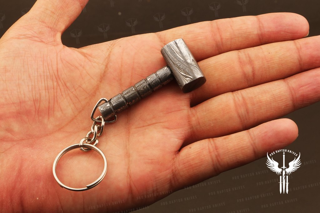 Handmade Damascus steel Edgeless Shape Hammer Keychain. Buy One Get One Free in a box. Pro-Hermoso1735