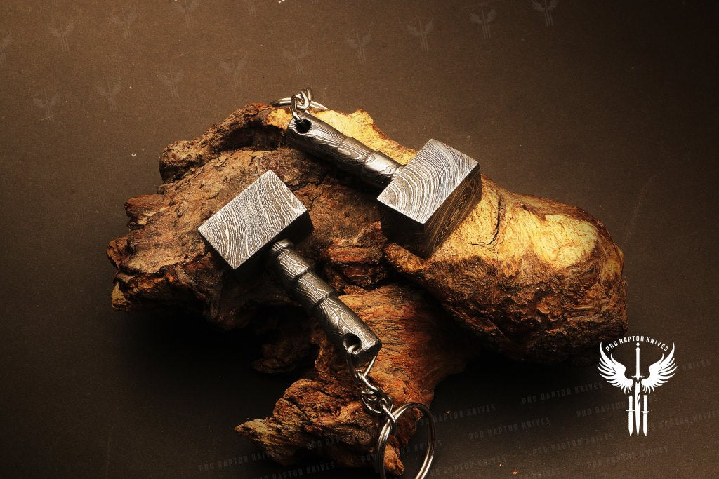 Handmade Damascus steel Thor Hammer Keychain. Buy One Get One Free in a Ash wood Gift Box. Pro-Hermoso1736