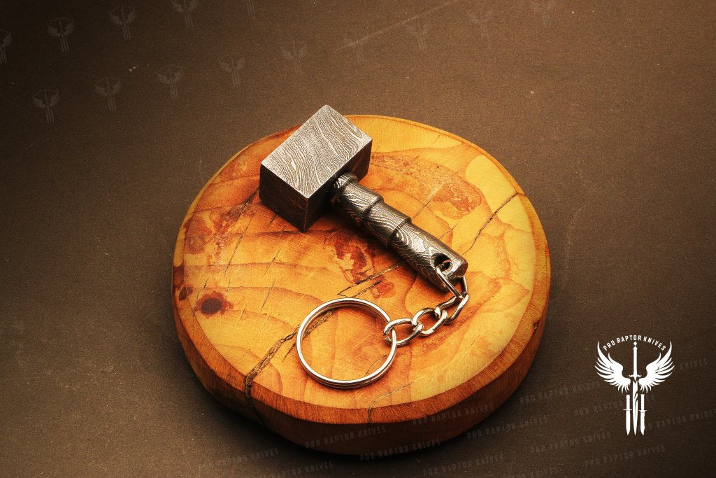 Handmade Damascus steel Thor Hammer Keychain. Buy One Get One Free in a Ash wood Gift Box. Pro-Hermoso1736