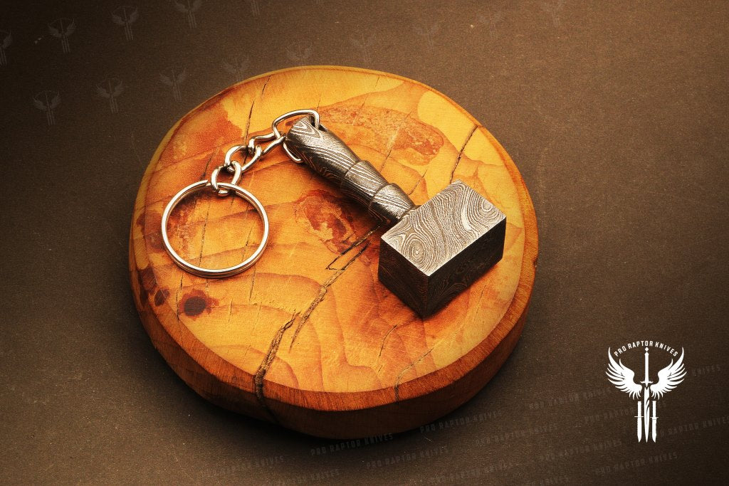 Handmade Damascus steel Thor Hammer Keychain. Buy One Get One Free in a Ash wood Gift Box. Pro-Hermoso1736