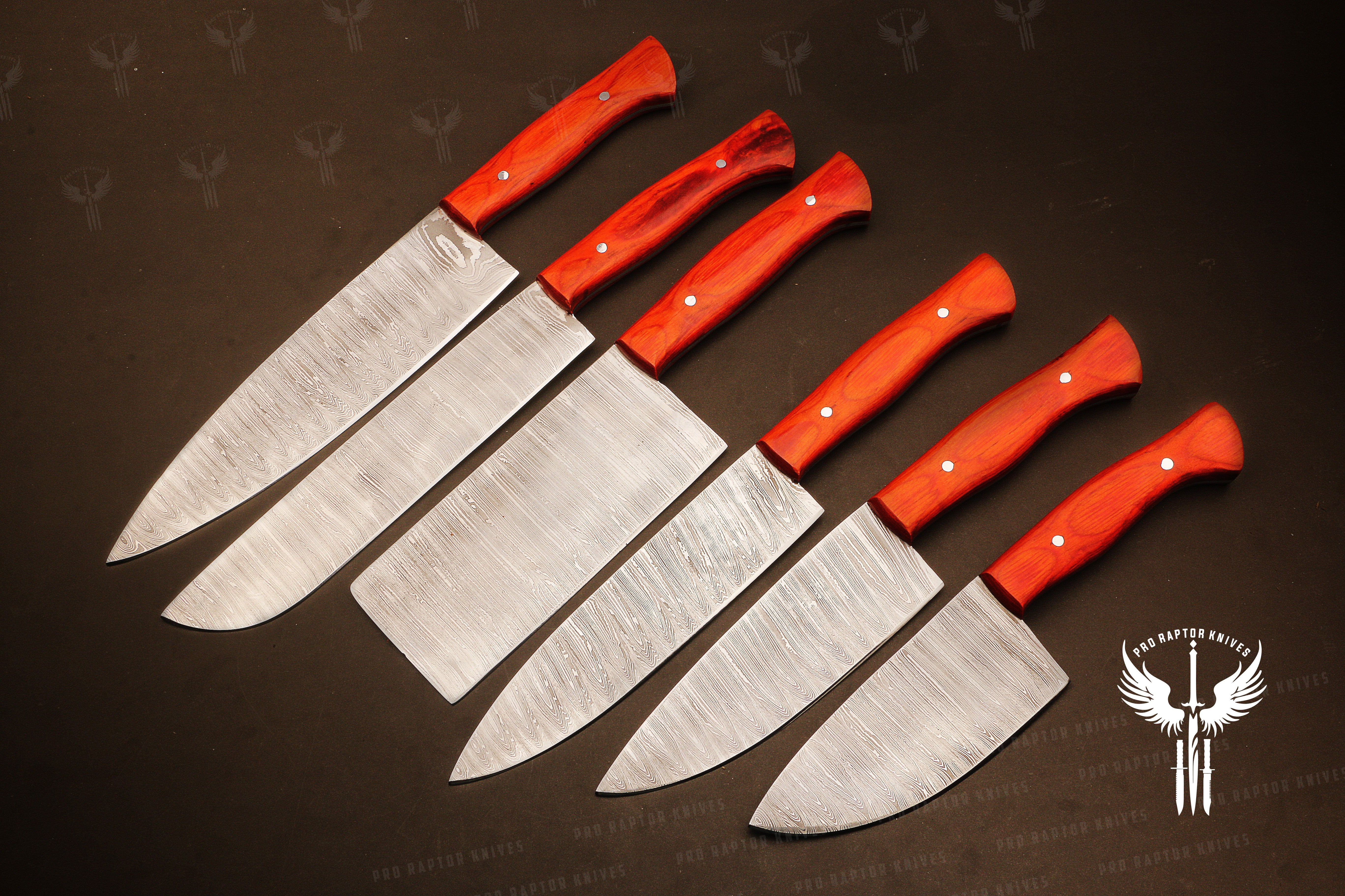 Handmade Damascus Steel Chef Set with Rosewood Wood handle.  Free Damascus Steel Ring. Pro-Robusto1447