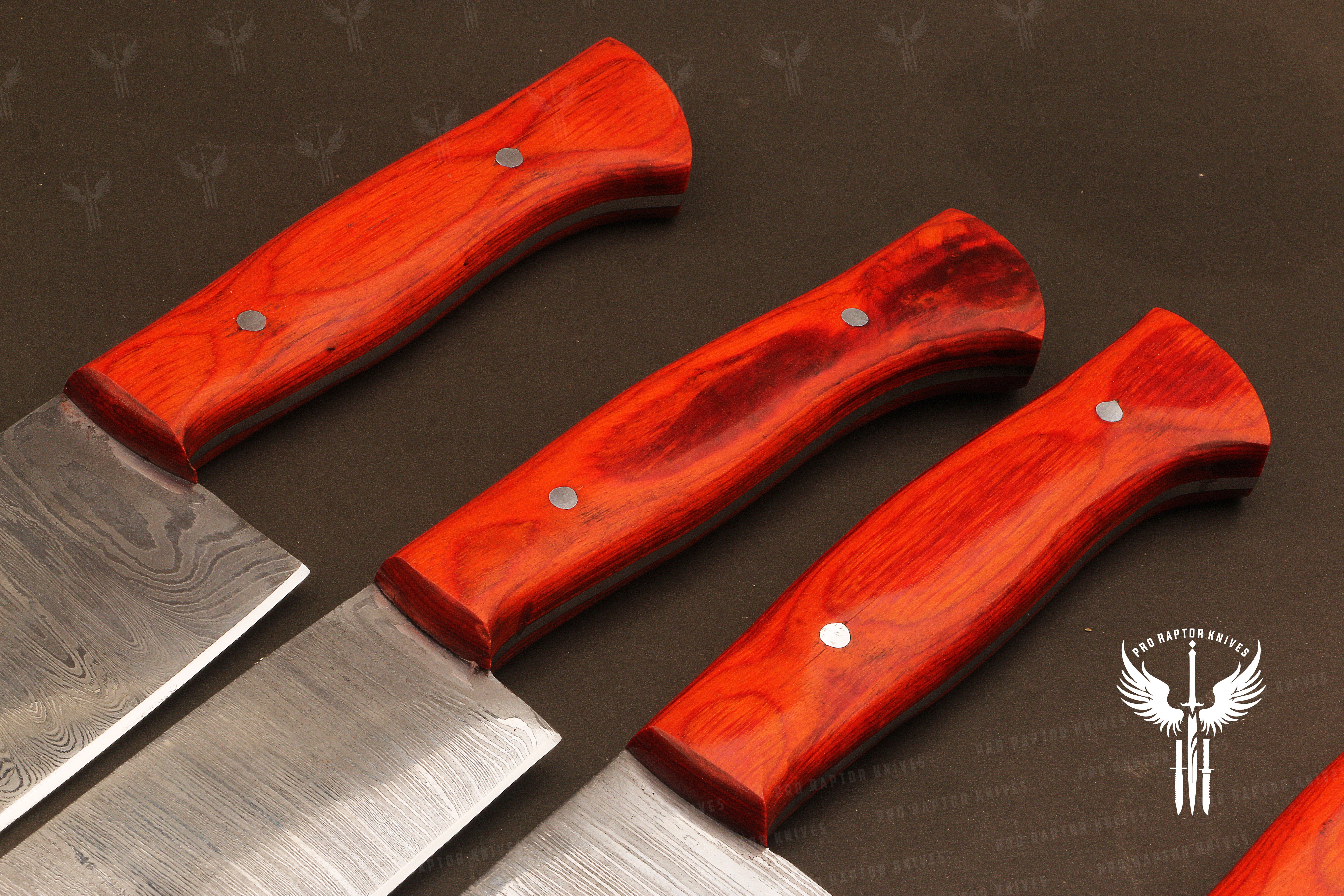 Handmade Damascus Steel Chef Set with Rosewood Wood handle.  Free Damascus Steel Ring. Pro-Robusto1447