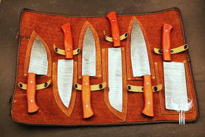 Handmade Damascus Steel Chef Set with Rosewood Wood handle.  Free Engraving and USA Shipping. Pro-Robusto1447