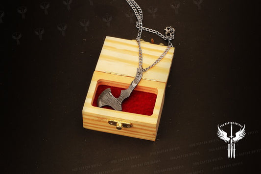 Damascus steel Axe Shaped Pedant Packed in Ash wood Gift Box. Pro1843