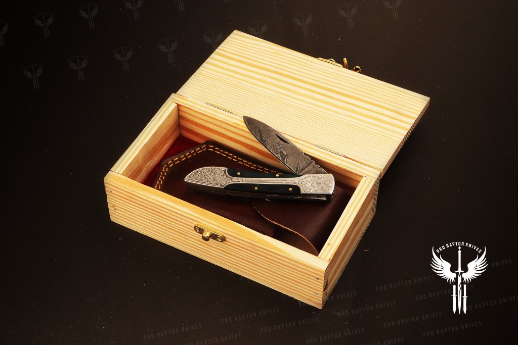 Handmade Damascus steel Micarta Handle Folding Knife. Packed in Ash wood Box. Pro-Vigoroso1703