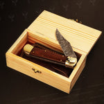 Damascus steel Push Button Folding Knife with Micarta Handle. Packed in wooden Box.Pro-Vigoroso1704