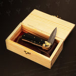 Handmade Damascus steel Push Button Folding Knife with Ash Wood Gift Box. Pro-Vigoroso1701