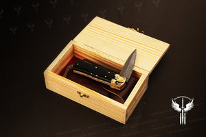 Handmade Damascus steel Push Button Folding Knife with Ash Wood Gift Box. Pro-Vigoroso1701