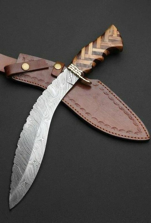 Handmade Damascus Steel Survival Hunting Kukri Knife with Olive and Dark Wood Handle. Pro1469