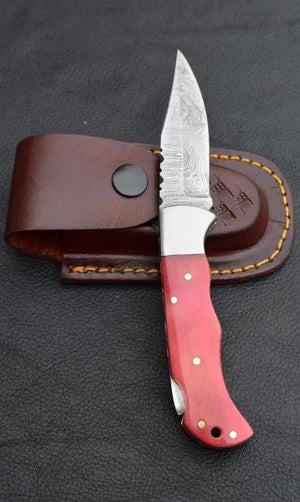 Damascus steel Back Lock Folding Knife with Pink Resin Handle. Pro-Vigoroso1488