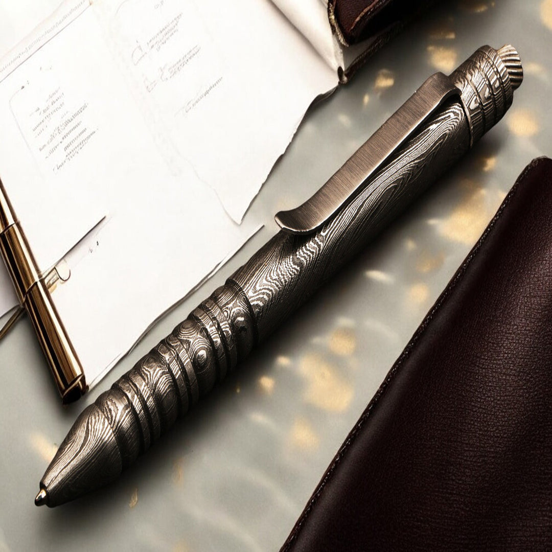 Hand forged Damascus steel ballpoint Pen with Splines Button. Pro7008