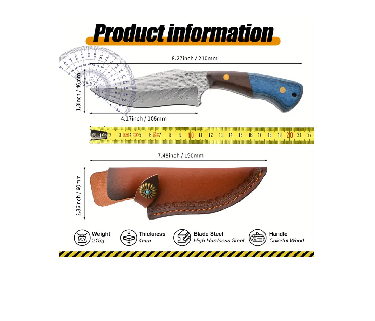 Handmade Stainless Steel Skinner Knife with Wood Handle and Sheath. Pro-Tenace6061