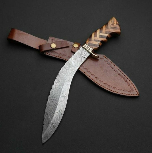 Handmade Damascus Steel Survival Hunting Kukri Knife with Olive and Dark Wood Handle. Pro1469
