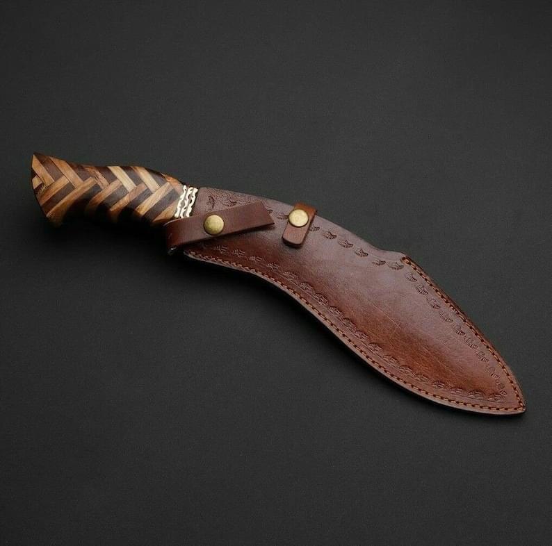 Handmade Damascus Steel Survival Hunting Kukri Knife with Olive and Dark Wood Handle. Pro-Bello1469