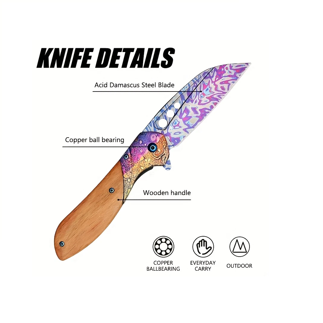 Hand-Forged Acid Damascus Steel Folding Knife with Special Pattern Blade and Wooden Handle. Pro-Tenace6064