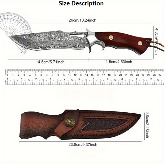 Hand-Forged Damascus Steel Skinner Knife – Mosaic Ash Wood Handle & Steel Guard. Pro-Tenace6062