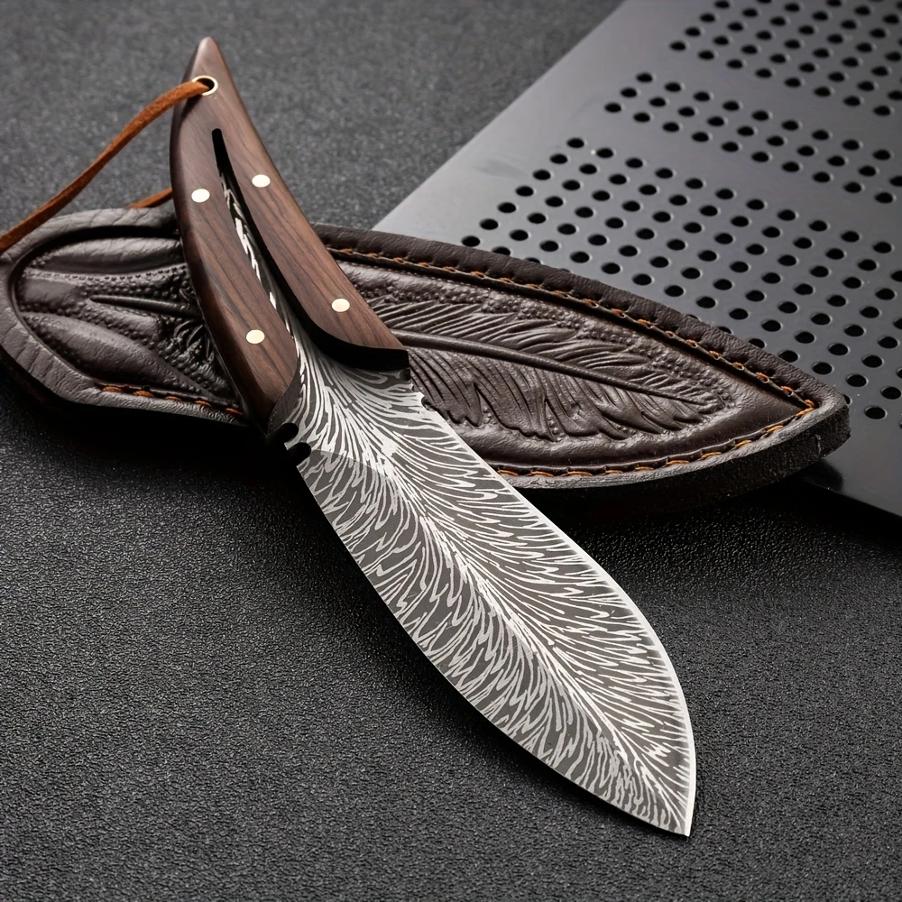 Handmade Feather Damascus Laser Steel Skinner with Wooden Handle & Lanyard. Skinner. Pro-Tenace6063