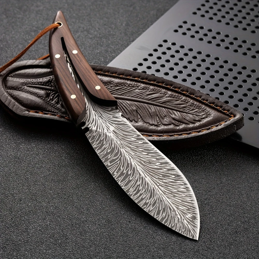 Handmade Feather Damascus Laser Steel Skinner with Wooden Handle & Lanyard. Skinner. Pro-Tenace6063