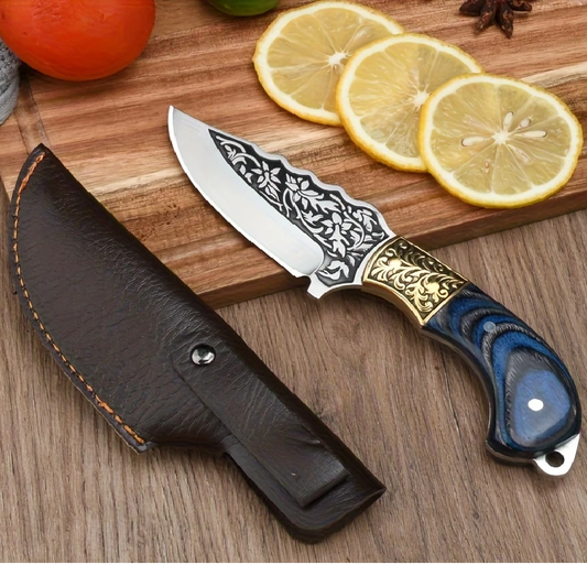 Handmade Etching Blade Skinner Knife – Blue Dollar Sheet Handle & Brass Carving Bolster. Pro-Tenace6065