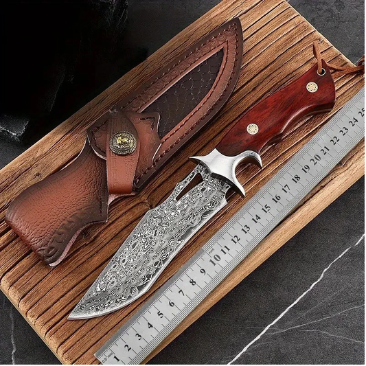 Hand-Forged Damascus Steel Skinner Knife – Mosaic Ash Wood Handle & Steel Guard. Pro-Tenace6062