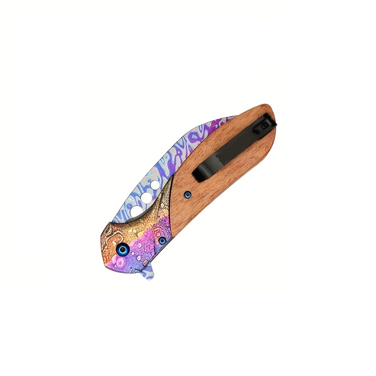 Hand-Forged Acid Damascus Steel Folding Knife with Special Pattern Blade and Wooden Handle. Pro-Tenace6064