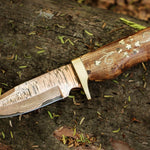 Handmade Copper Damascus Camping Skinner with Ash wood Embroidered Handle. Pro-Tenace1604