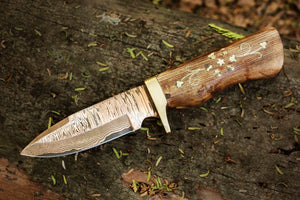 Handmade Copper Damascus Camping Skinner with Ash wood Embroidered Handle. Pro-Tenace1604