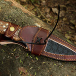 Handmade Copper Damascus Camping Skinner with Ash wood Embroidered Handle. Pro-Tenace1604