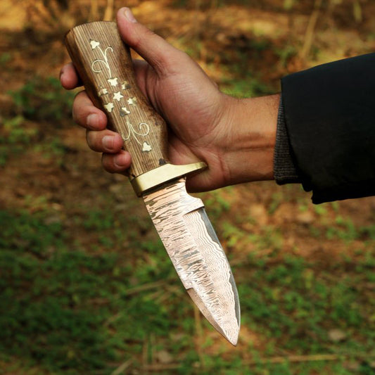 Handmade Copper Damascus Ladder Pattern Skinner Knife with Embroidered Wood Handle. Pro1604