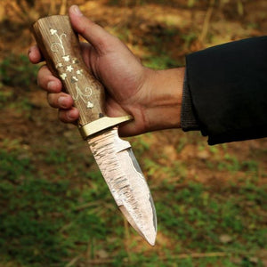 Handmade Copper Damascus Camping Skinner with Ash wood Embroidered Handle. Pro-Tenace1604