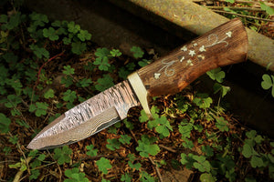 Handmade Copper Damascus Camping Skinner with Ash wood Embroidered Handle. Pro-Tenace1604